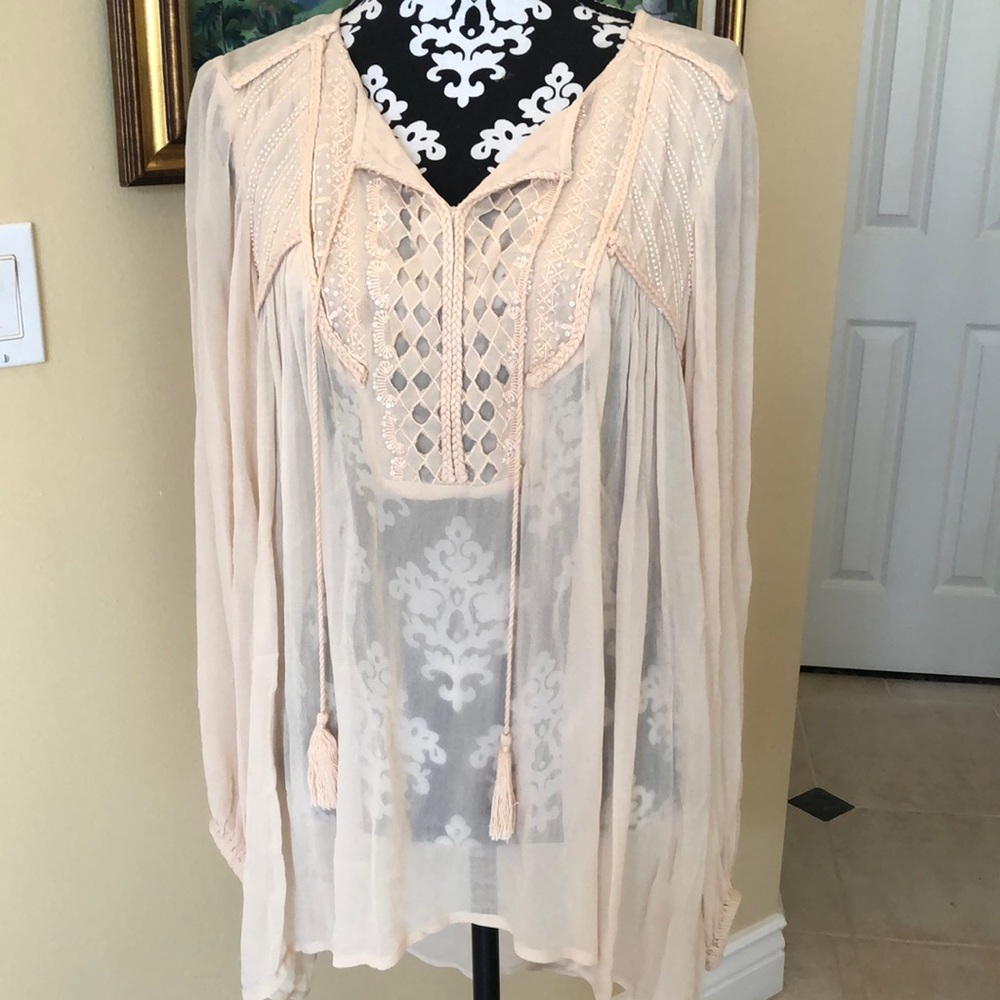 Sheer Ethereal Bohemian long sleeved embellished front tassels tunic blouse